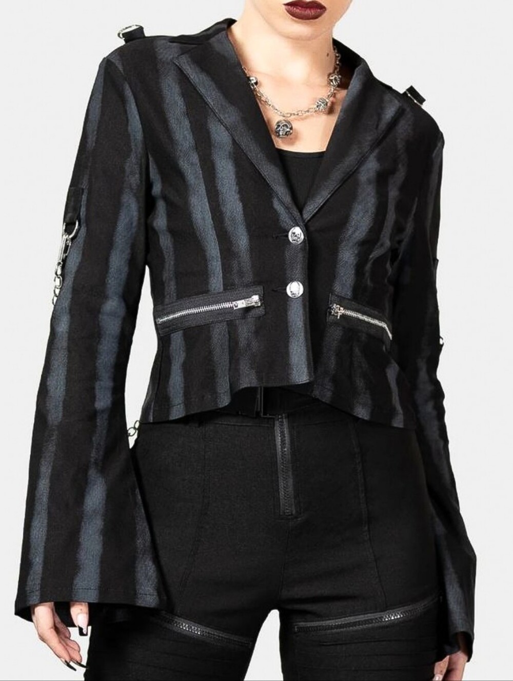 Killstar Burlesque Babe blazer MEDIUM black and gray stripes chain skull
